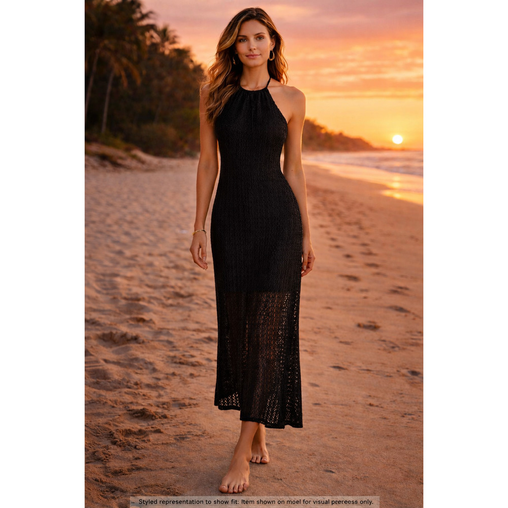 Jessica Simpson Black Halter Crochet Maxi Dress NWOT Size Small